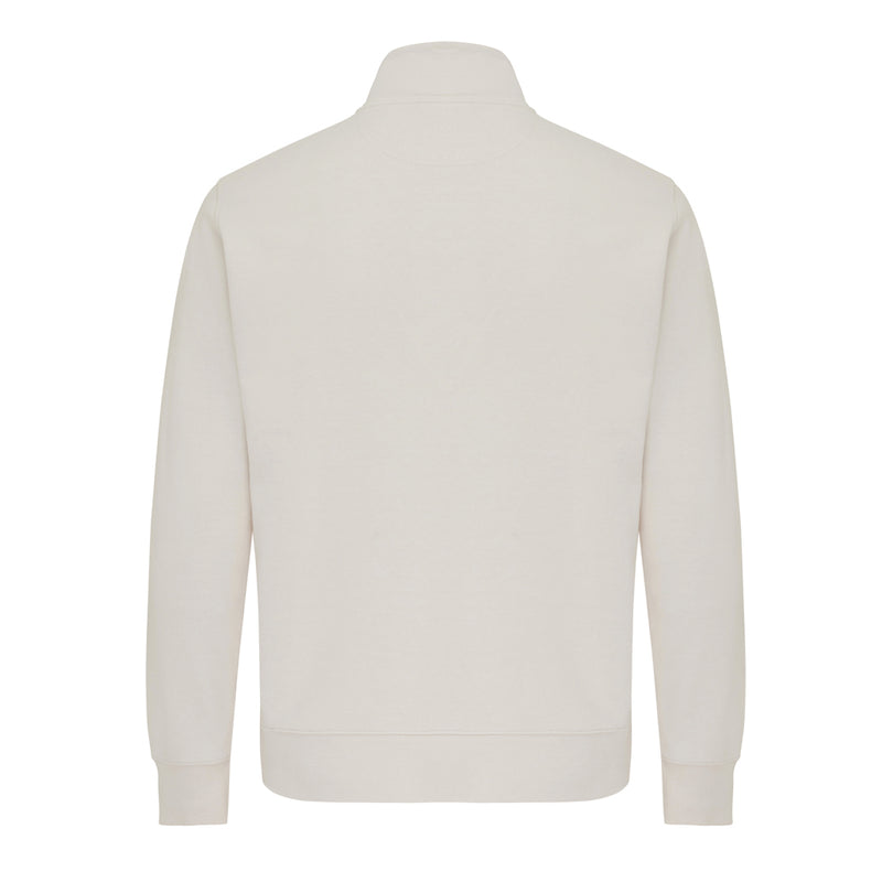 Load image into Gallery viewer, Iqoniq Elgon recycled cotton quarter zip sweater, close-up of the textile showcasing the fabric texture and quarter zip detail.
