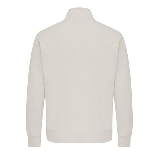 Iqoniq Elgon recycled cotton quarter zip sweater, close-up of the textile showcasing the fabric texture and quarter zip detail.