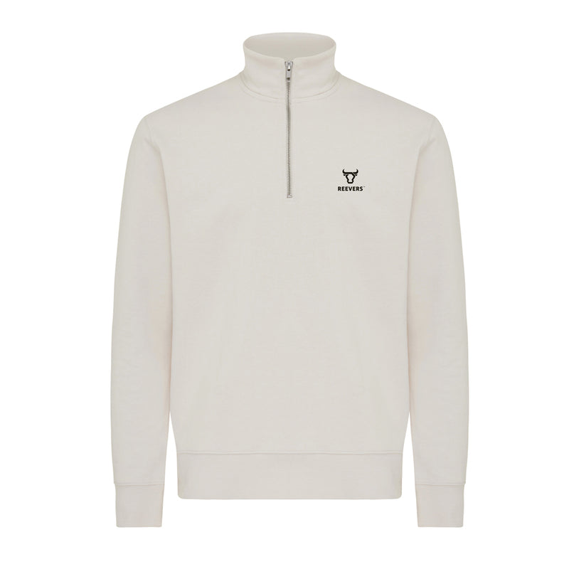 Load image into Gallery viewer, Iqoniq Elgon recycled cotton quarter zip sweater, close-up of the textile showing soft fabric and quarter zip detail.
