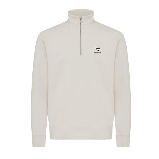 Iqoniq Elgon recycled cotton quarter zip sweater, close-up of the textile showing soft fabric and quarter zip detail.