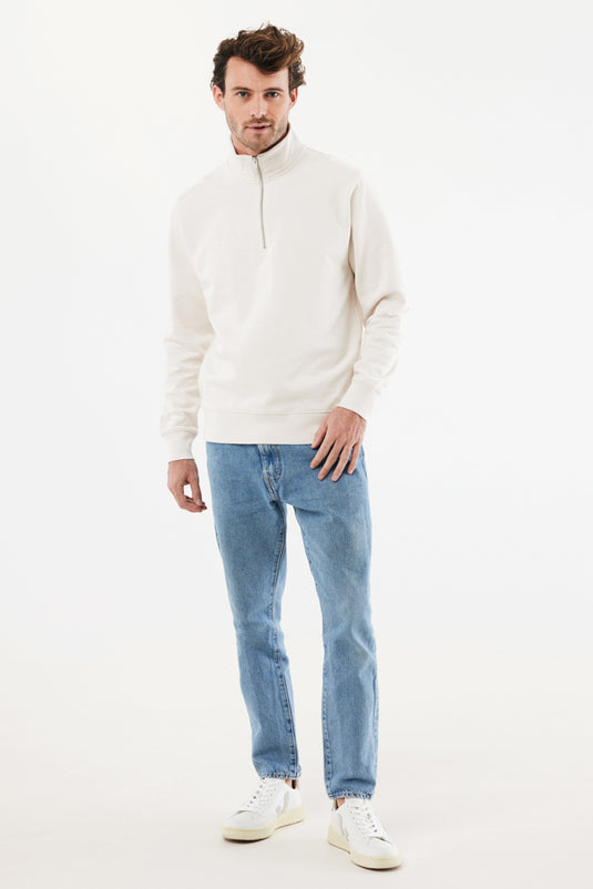 Iqoniq Elgon recycled cotton quarter zip sweater in textile, shown with close-up of fabric and quarter zip detail.