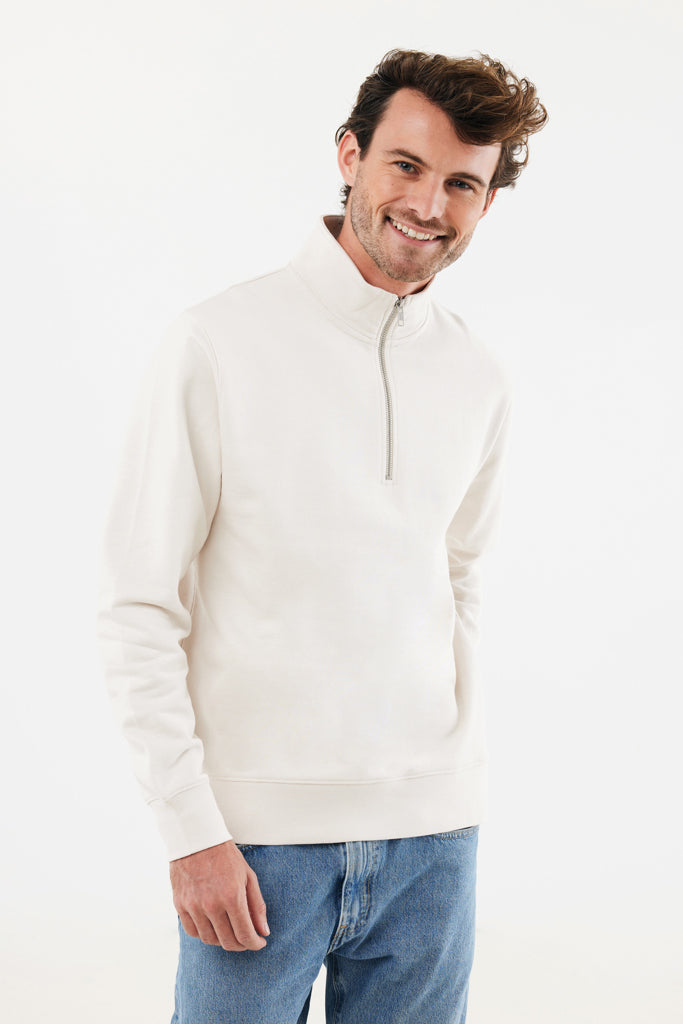 Load image into Gallery viewer, Iqoniq Elgon recycled cotton quarter zip sweater, textile product with a sleek design and quarter-length zipper visible in the image.
