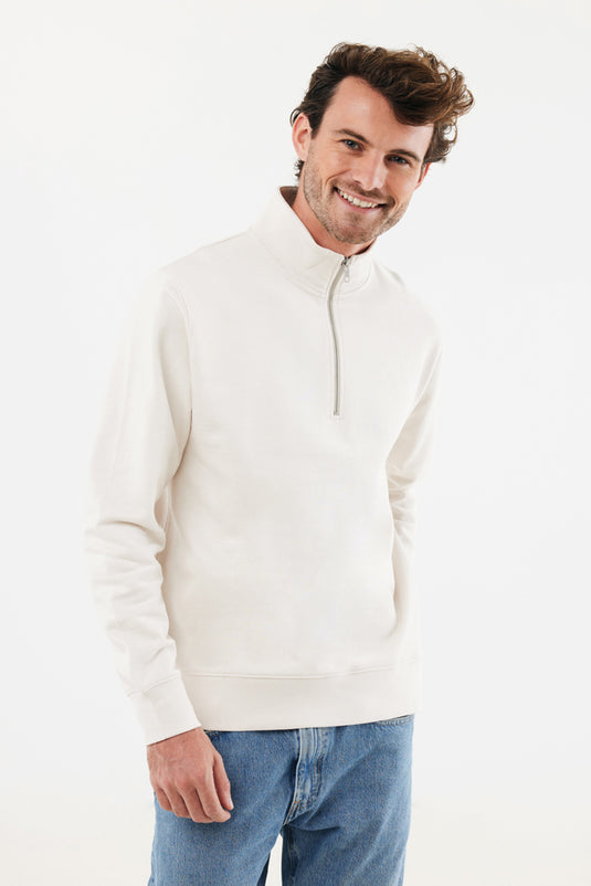 Iqoniq Elgon recycled cotton quarter zip sweater, textile product with a sleek design and quarter-length zipper visible in the image.