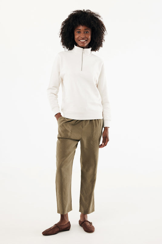 IQONIQ Elgon recycled cotton quarter zip sweater, close-up of soft textile with quarter zip neckline and textured fabric.