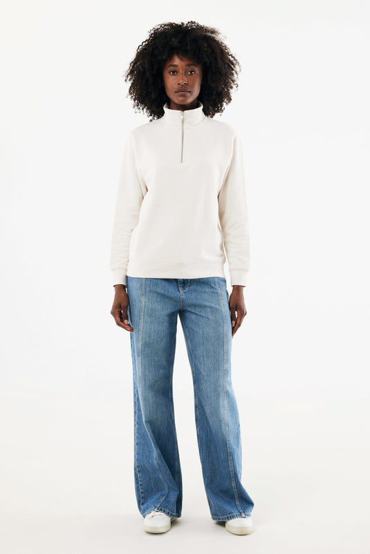 Iqoniq Elgon recycled cotton quarter zip sweater, textile with a close-up of the fabric and quarter zip detail.