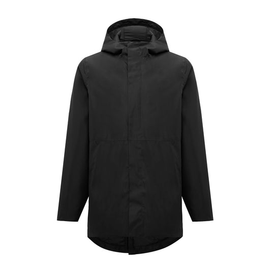 Thelon recycled polyester parka by iqoniq, shown in black, featuring a hood, front zipper, and quilted design for outdoor wear.
