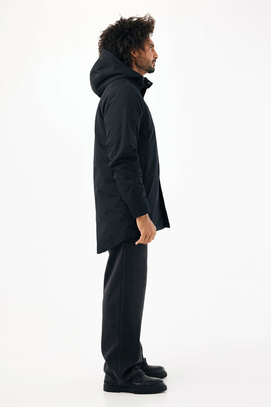 iqoniq Thelon recycled polyester parka textile, showing the front view with hood and zipper, in a neutral color.
