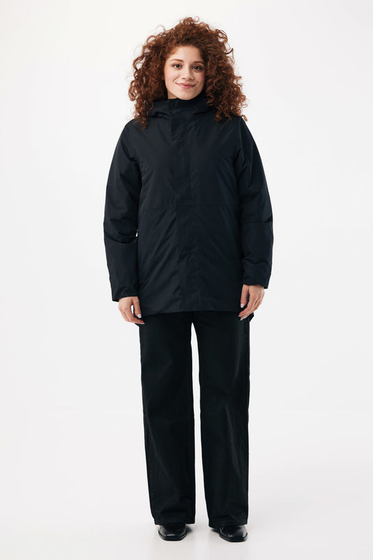 Iqoniq Thelon recycled polyester parka in textile fabric, shown with a front view and adjustable hood.