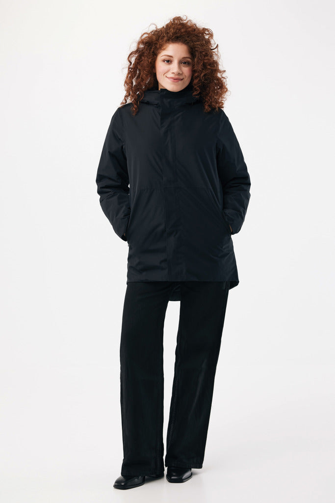 Load image into Gallery viewer, Iqoniq Thelon recycled polyester parka, textile jacket in dark color with hood and zipper, outdoor winter coat.
