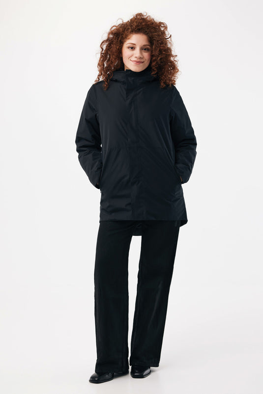 Iqoniq Thelon recycled polyester parka, textile jacket in dark color with hood and zipper, outdoor winter coat.