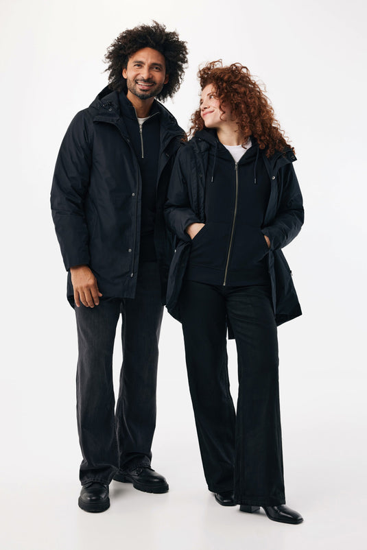 Thelon recycled polyester parka by iqoniq, showcasing a durable, eco-friendly textile with a front zipper and hood.