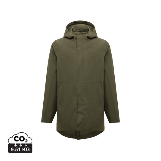 Recycled polyester Thelon parka by iqoniq, lightweight textile in XS/S size, shown with a front view and hood.