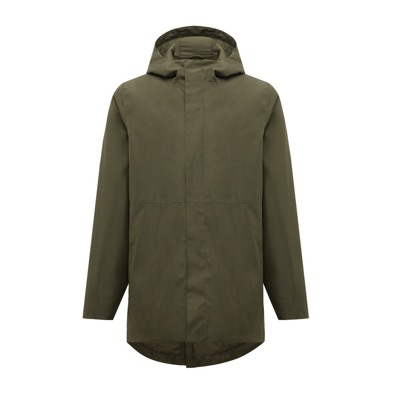 Load image into Gallery viewer, iqoniq Thelon recycled polyester parka in textile fabric with a hood and front zipper, shown on a model.
