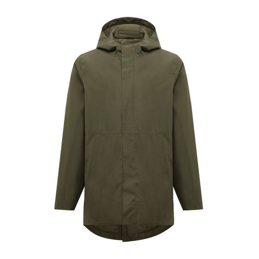 iqoniq Thelon recycled polyester parka in textile fabric with a hood and front zipper, shown on a model.