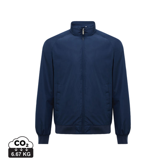 Iqoniq Odin recycled polyester urban jacket displayed on a hanger, showcasing its sleek textile design and eco-friendly fabric.
