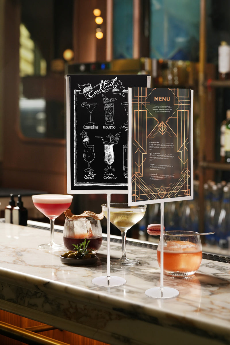 Load image into Gallery viewer, Securit Posterframes - U-Shaped A4 Metal Poster Frame and Chalkboard - Stainless Steel 21x54x8,5cm - Pack of 10 - in use
