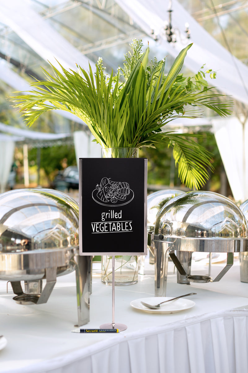 Load image into Gallery viewer, Securit Posterframes - U-Shaped A4 Metal Poster Frame and Chalkboard - Stainless Steel 21x54x8,5cm - Pack of 10 – in use
