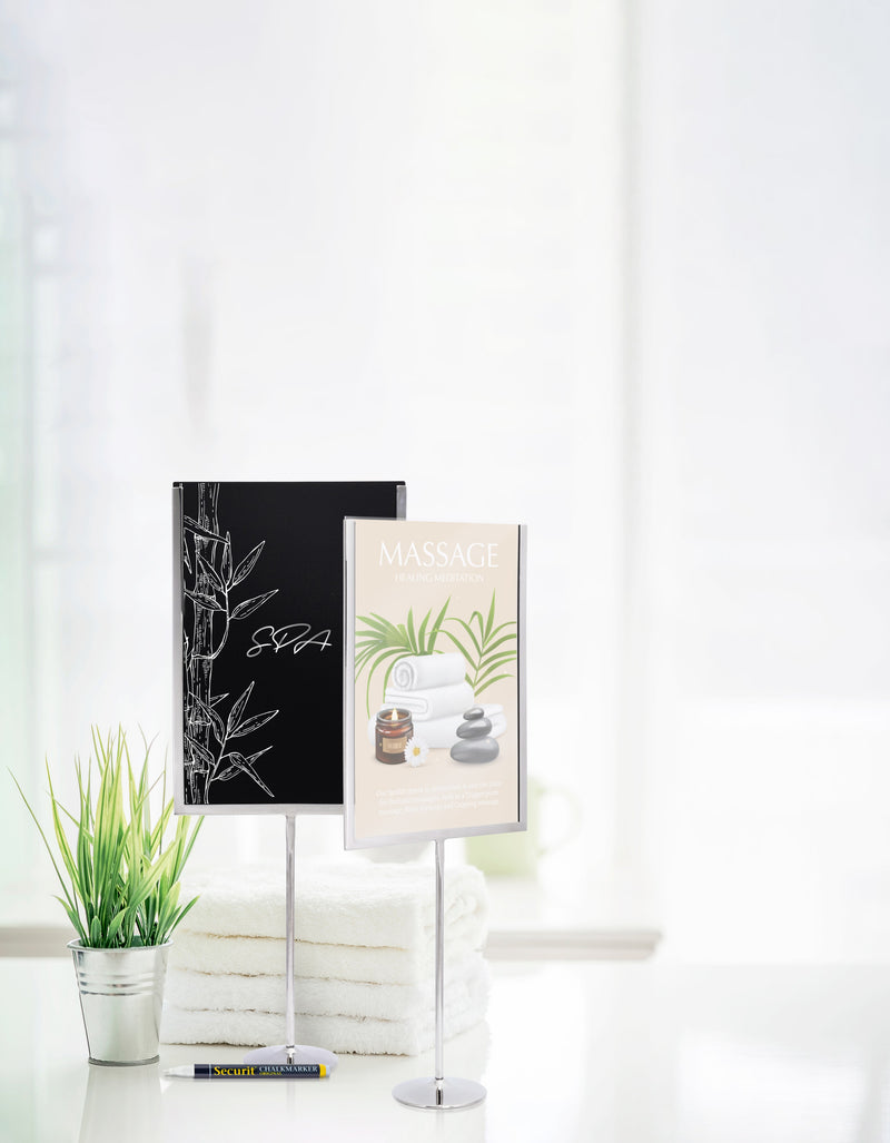 Load image into Gallery viewer, Securit Posterframes - U-Shaped A4 Metal Poster Frame and Chalkboard - Stainless Steel 21x54x8,5cm - Pack of 10 - in use
