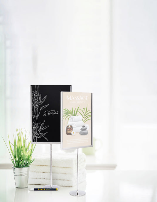 Securit Posterframes - U-Shaped A4 Metal Poster Frame and Chalkboard - Stainless Steel 21x54x8,5cm - Pack of 10 - in use