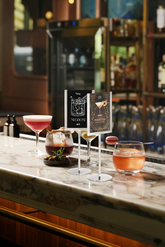 Securit Posterframes - U-Shaped A6 Metal Poster Frame and Chalkboard - Stainless Steel 11x31x8,5cm - Pack of 10 - in use