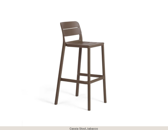 Nardi Cassia high outdoor bar stool, 75cm stackable stool in tobacco color, suitable for outdoor use and modern patio settings.