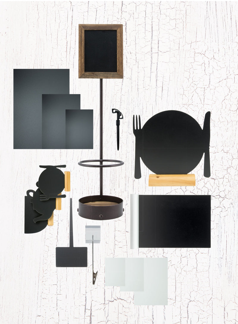 Load image into Gallery viewer, Garden Party Table Set - 18 Mini Silhouette Chalkboards + 6 Glass &amp; Wood Tealight Lanterns - in use
