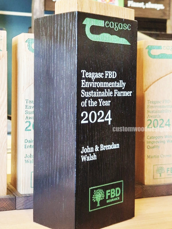 Load image into Gallery viewer, Custom wood awards from Custom Wood Designs for environmental sustainability, featuring engraved designs on polished wooden plaques.
