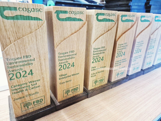 Custom Wood Designs awards for environmental sustainability, featuring engraved wood plaques with Teagasc FBD logo and designs.