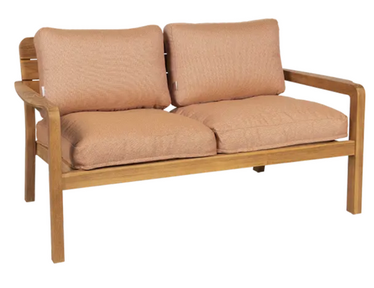 Lodge solid teak 2-seater outdoor sofa by Vlaemynck, featuring terracotta cushions and sturdy teak wood for outdoor seating.