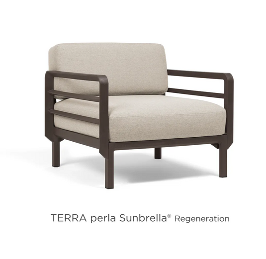 Nardi Maximo modular outdoor armchair with Terra Perla Sunbrella fabric, part of a versatile outdoor lounge sofa set.