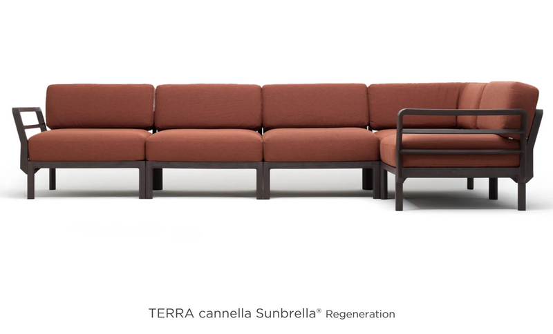 Load image into Gallery viewer, Maximo 5 modular outdoor sofa by Custom Wood Designs, Terra Cannella color, outdoor seating system with cushions for hotel terrace.

