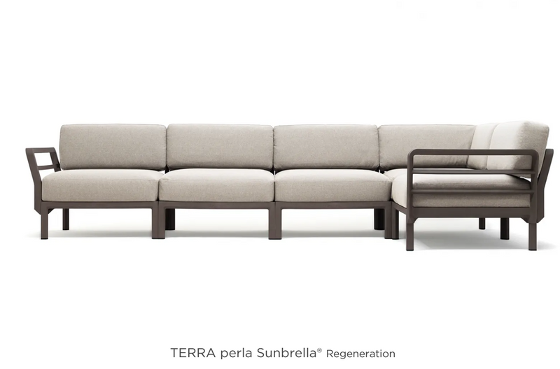 Load image into Gallery viewer, Maximo 5 modular outdoor sofa by Custom Wood Designs, showing a stylish terrace seating system with plush cushions and modern design.
