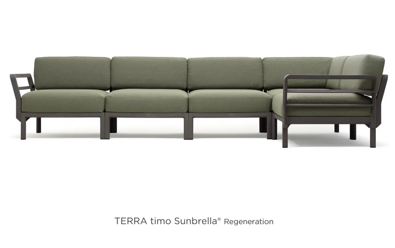 Load image into Gallery viewer, Maximo 5 modular outdoor sofa by Custom Wood Designs, showing a stylish outdoor seating system with multiple sections on a terrace.
