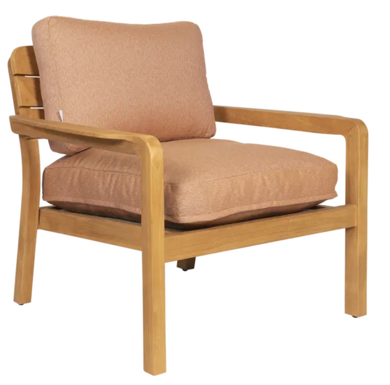 Load image into Gallery viewer, Terracotta outdoor teak armchair by Fermob with low armrests, suitable for hotel terrace or outdoor seating areas.
