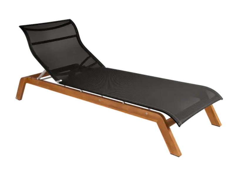 Load image into Gallery viewer, Fermob Maui teak sunlounger with titanium Batyline fabric and teak base, outdoor furniture for relaxing in the sun.
