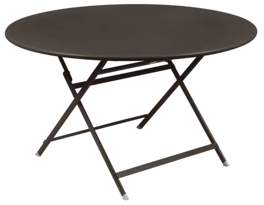 Fermob Caractère foldable metal table with 128 cm diameter, eight-seater, shown in open position ready for outdoor dining.