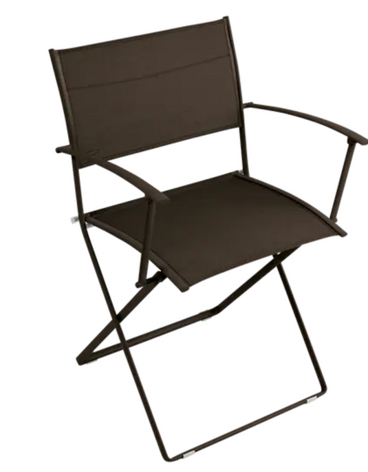 Fermob Plein Air Armchair folding chair in vibrant yellow with a slatted metal design, lightweight and portable outdoor seating.