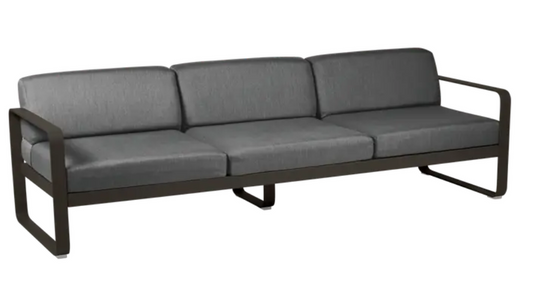 Fermob Bellevie 3-seater outdoor sofa with grey metal frame, stylish garden furniture for outdoor relaxation.