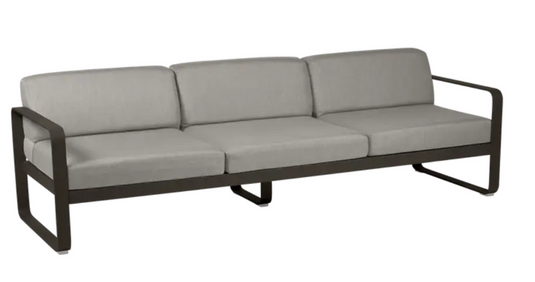 Bellevie 3-seater outdoor sofa by Fermob with metal frame in tonka grey taupe, stylish garden furniture for outdoor living.