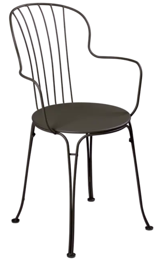 Load image into Gallery viewer, Fermob OPÉRA+ outdoor metal armchair with a sleek, modern design, shown in a vibrant yellow color on a patio.
