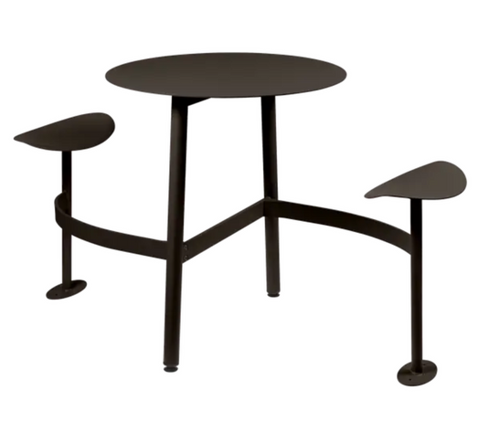 Fermob BOLDER 2-seater modular round outdoor table with integrated seating, foxed metal finish, suitable for garden or patio use.