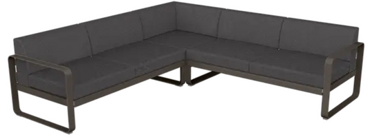 Fermob Bellevie Composition 2 outdoor lounge sofa set with graphite grey cushions and modular design, ideal for outdoor seating.