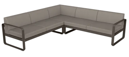 Fermob Bellevie Composition 2 outdoor lounge set with Tonka grey and taupe cushions, modular sofa for garden or patio.