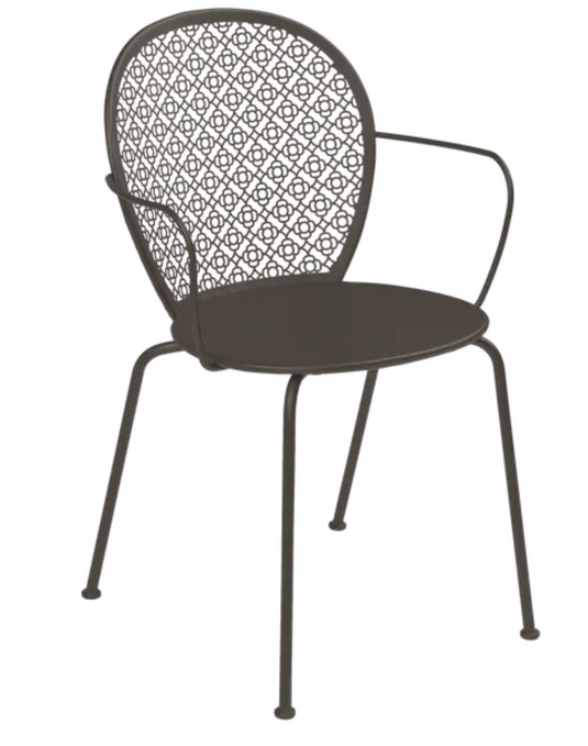 Fermob Lorette outdoor metal armchair with curved backrest and arm supports, designed for garden or patio seating.