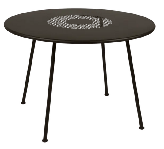 Fermob LORETTE round metal garden table with 110 cm diameter, fire-resistant outdoor furniture in a modern design.