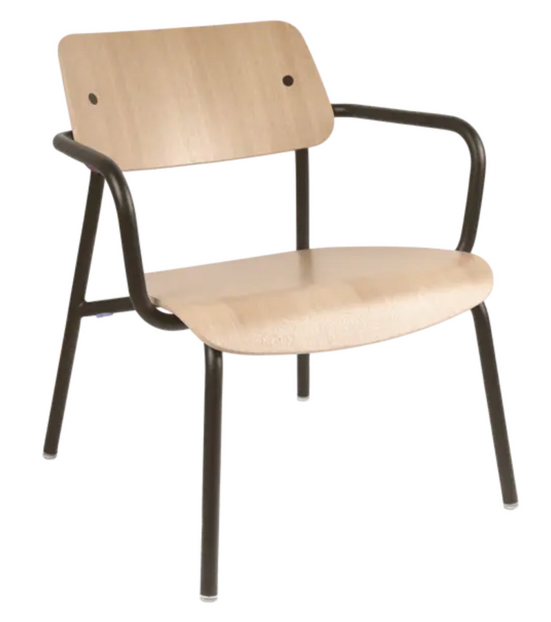Load image into Gallery viewer, Fermob Studie Oak Lounge Armchair with metal frame and wooden seat, stylish office furniture in a modern setting.
