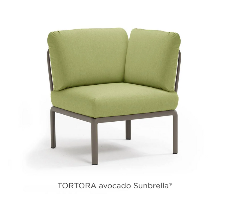 Load image into Gallery viewer, Nardi Komodo outdoor corner sofa module with tan and avocado Sunbrella fabric, showing the modular outdoor sofa setup.
