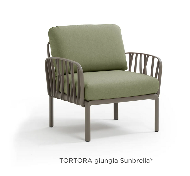 Load image into Gallery viewer, Nardi Komodo outdoor modular armchair from Custom Wood Designs with tortora Sunbrella fabric, part of a stylish outdoor sofa set.
