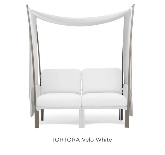 Nardi Komodo Ombra 2 Sunshade attached to a sofa, providing shade for outdoor patio furniture in a modern garden setting.