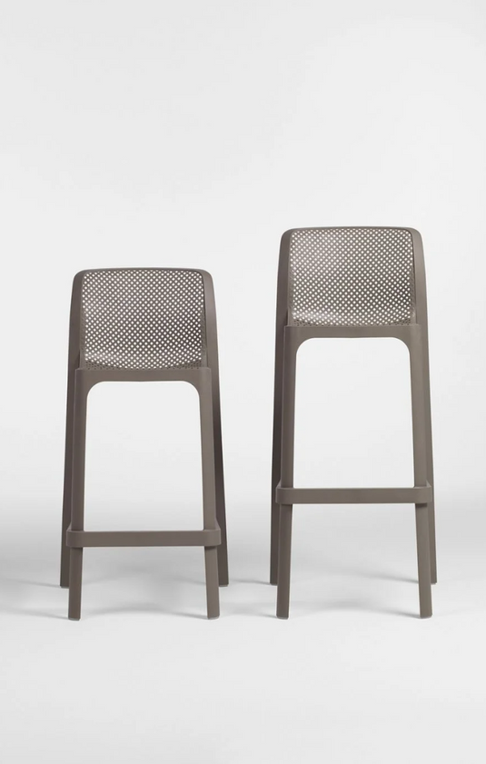 Tortora Net Stool Mini outdoor bar stool by Nardi, stackable design, lightweight and weather-resistant for outdoor seating.